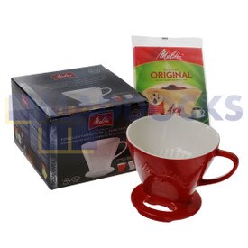 Genuine Original Melitta 1x4 Red Pour Over Porcelain Cone & 5x 1x4 Original Filters