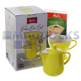 Genuine Original Melitta 1x4 Yellow Classic Edition Pour Over Porcelain Cone & Jug Set & 5x 1x4 Original Filters