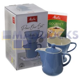 Genuine Original Melitta 1x4 Blue Classic Edition Pour Over Porcelain Cone & Jug Set & 5x 1x4 Original Filters